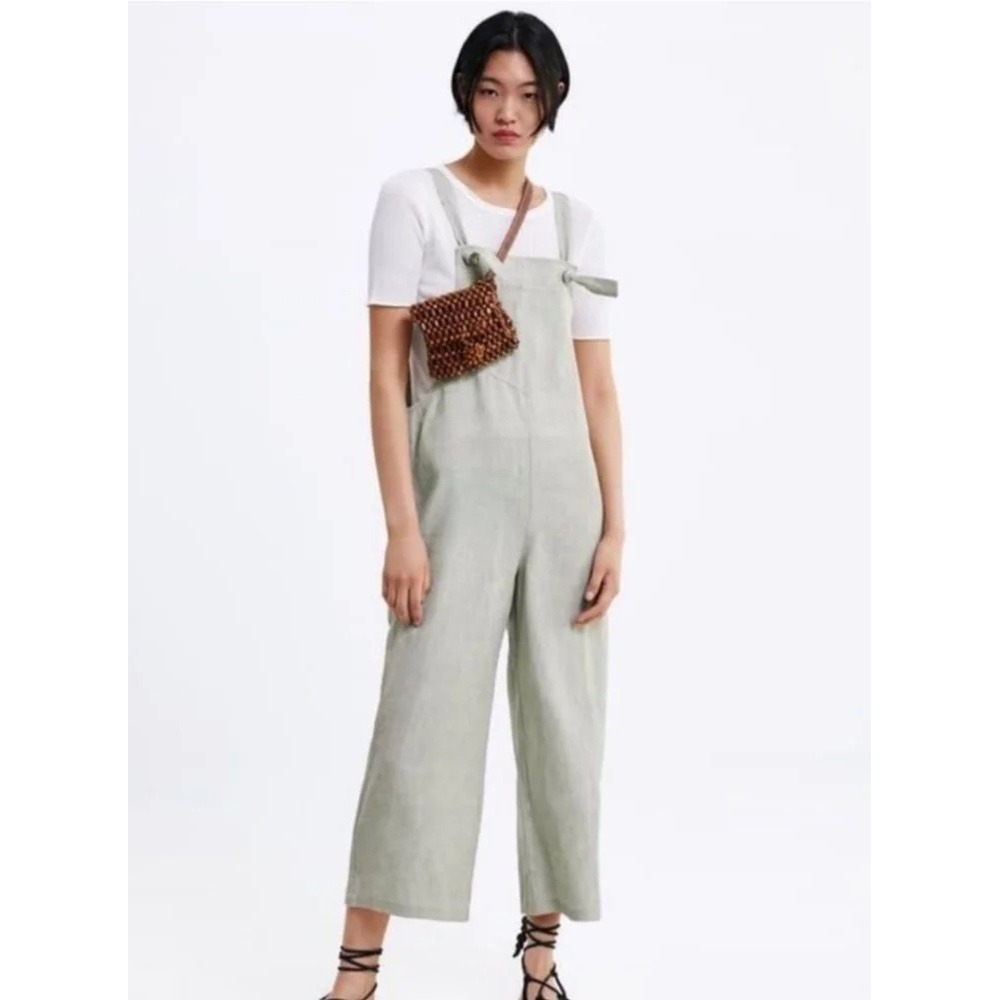Zara‎ women L wide leg linen lyocell blend overall jumpsuit granola outdoor